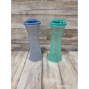 Tupperware Hourglass Large Spice Shakers Set‎ of 2 Blue Teal 7.5 Inch Vintage